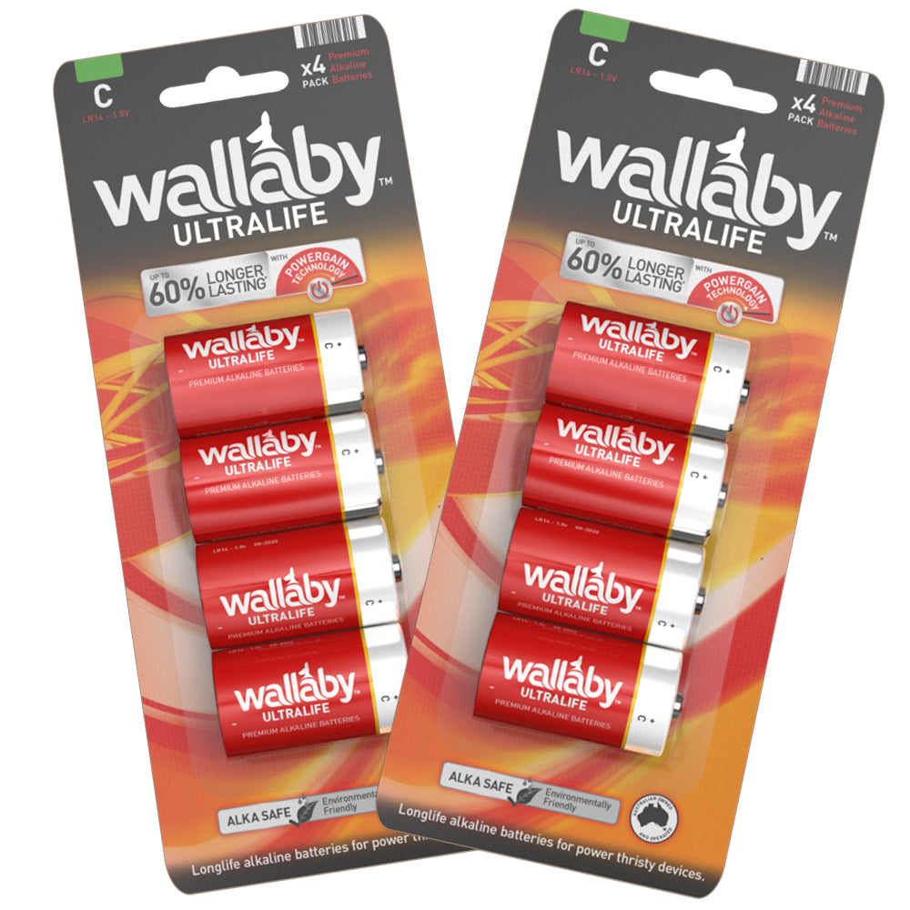 2 Packs Wallaby Alkaline C Cell (4 Batteries in a pack)