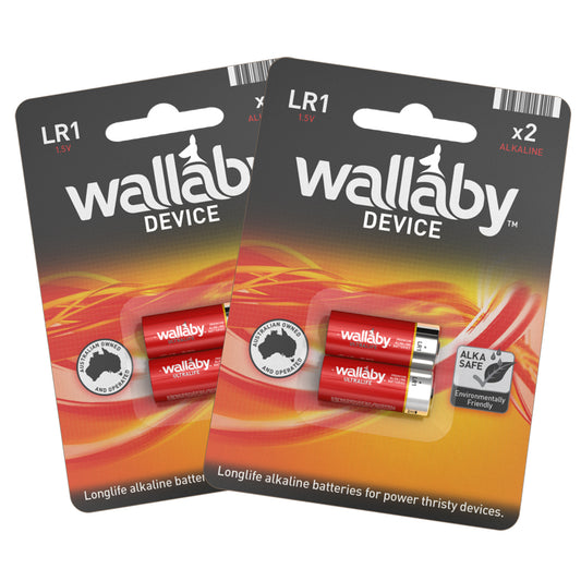 Two packages of Wallaby batteries on a white background