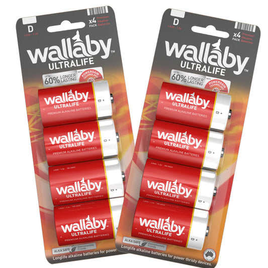 Two packages of Wallaby Ultralife batteries on a white background