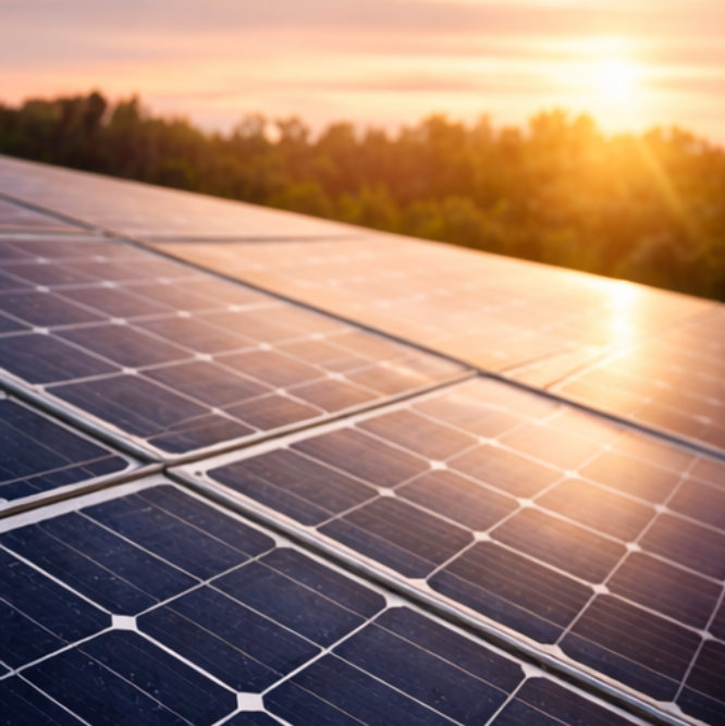 Solar panels on a roof with a sunset in the background
